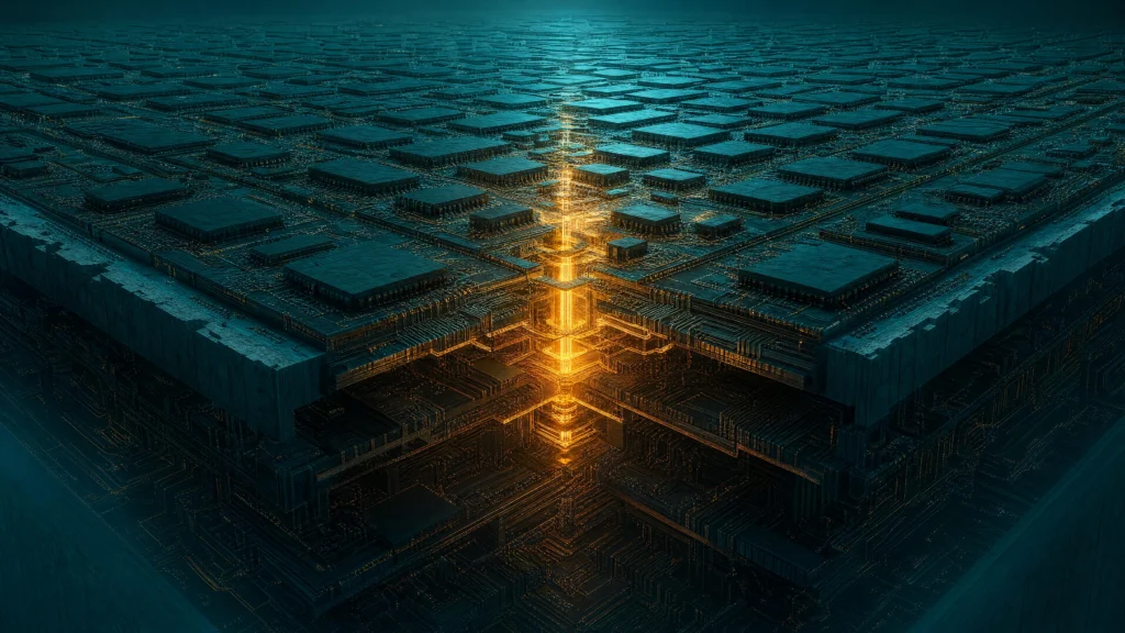 An aerial view of a vast teal circuit-like city grid with a bright gold cross of light burning through its centre
