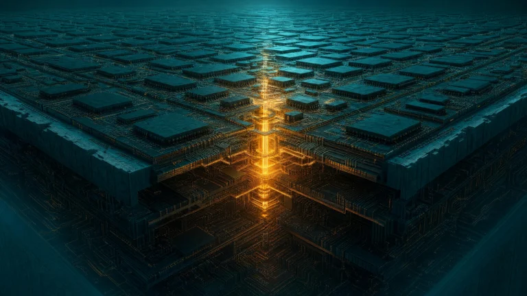 An aerial view of a vast teal circuit-like city grid with a bright gold cross of light burning through its centre