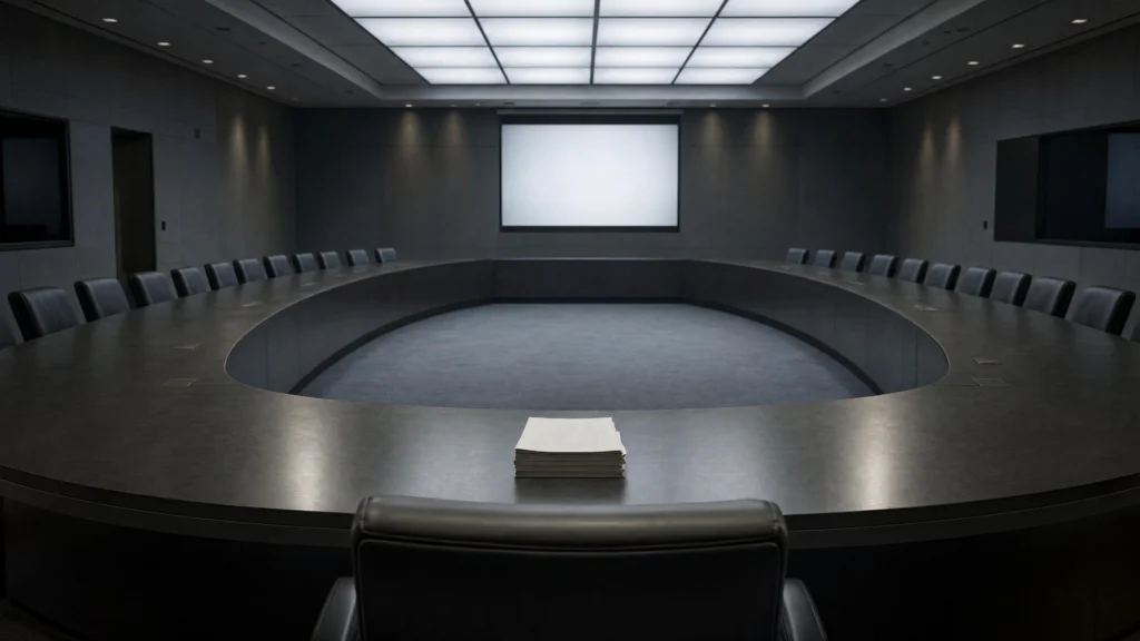 An empty circular boardroom, black chairs ringing the table, a single document at one seat and a blank projection screen…