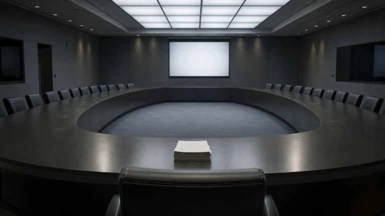 An empty circular boardroom, black chairs ringing the table, a single document at one seat and a blank projection screen behind