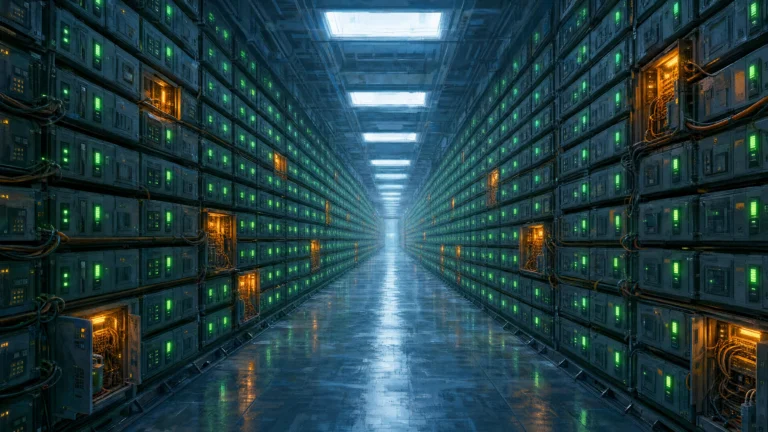A corridor between towering walls of tightly packed server modules with green and amber indicators, receding to a bright vanishing point