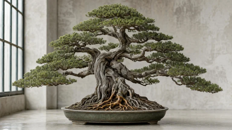 An ancient bonsai pine in a shallow ceramic dish, exposed roots gripping the soil, in a bare concrete room with a tall window