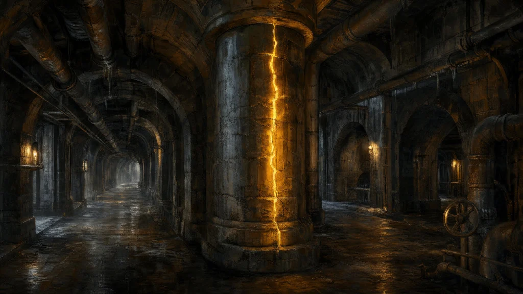 A vaulted underground tunnel of stone pillars and pipework where a jagged crack of golden light splits one central…