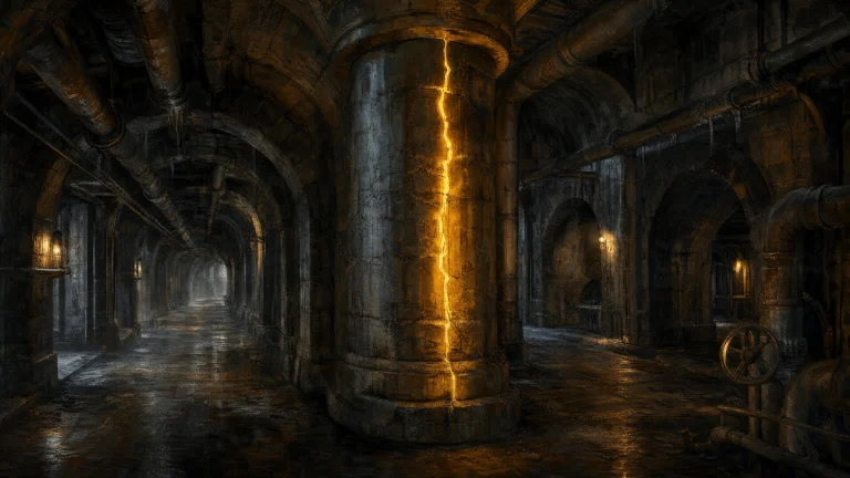 A vaulted underground tunnel of stone pillars and pipework where a jagged crack of golden light splits one central column