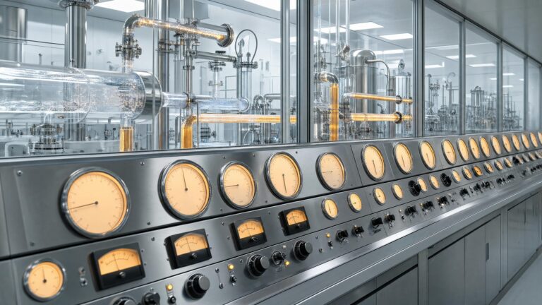 A row of large analogue dial gauges on a polished instrument panel in a bright industrial control room of pipes and glass