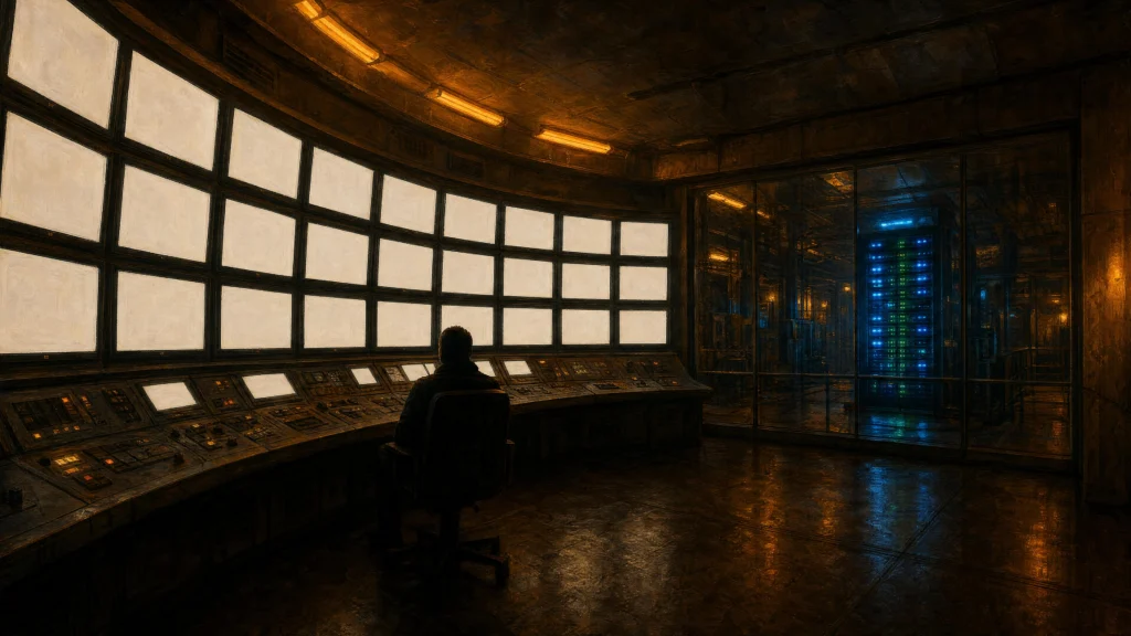 A lone figure at a curved analogue control desk facing a wall of blank white screens, blue-lit server racks behind glass…