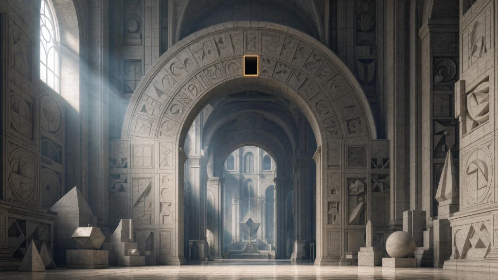 A grand stone hall carved with geometric and mathematical reliefs, sunlight falling on a dark rectangular void set into the central…