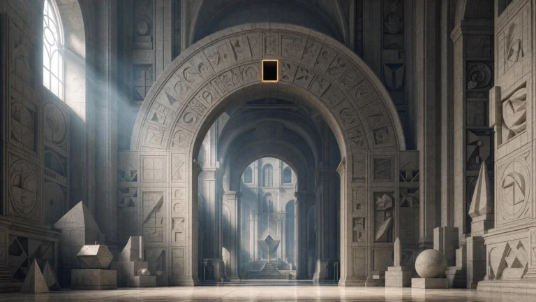 A grand stone hall carved with geometric and mathematical reliefs, sunlight falling on a dark rectangular void set into the central arch