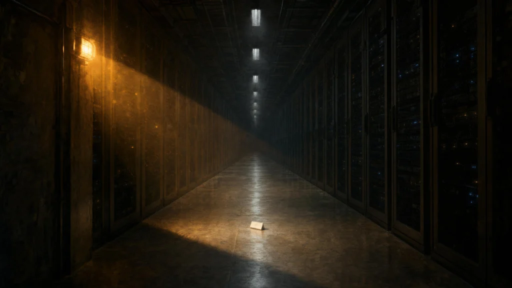A single open notebook on the floor of a long dark server corridor, lit by a shaft of warm light from above