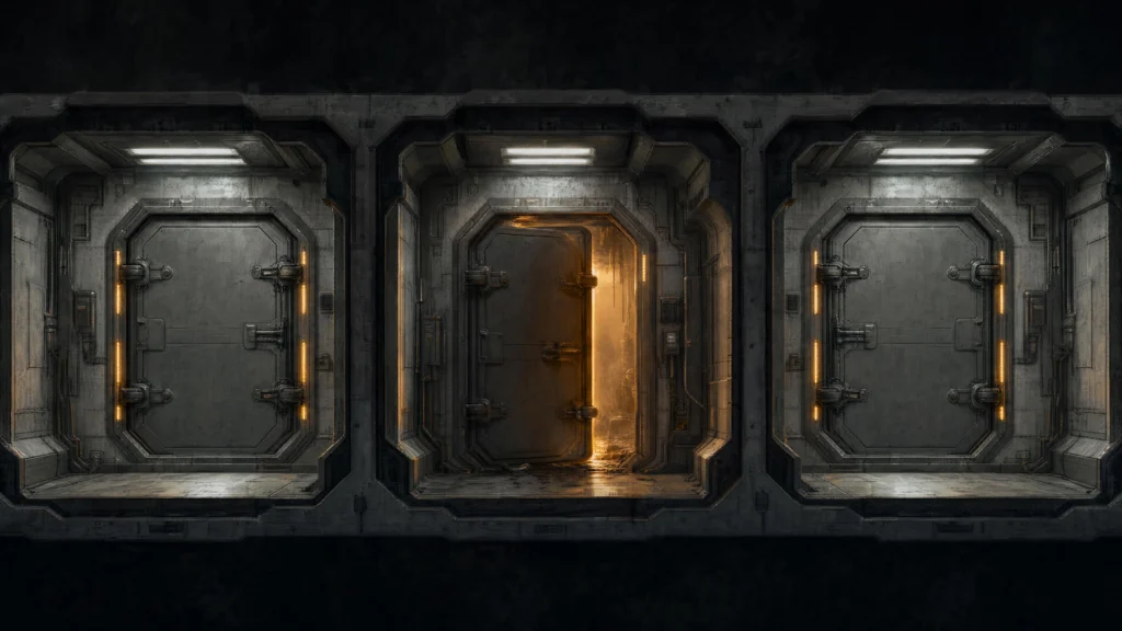 Three heavy sealed bulkhead doors set into a metal wall, the middle one standing ajar with warm light spilling through