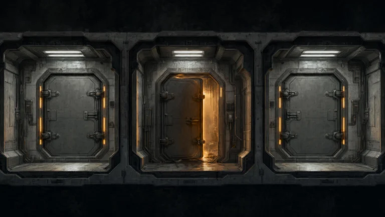 Three heavy sealed bulkhead doors set into a metal wall, the middle one standing ajar with warm light spilling through