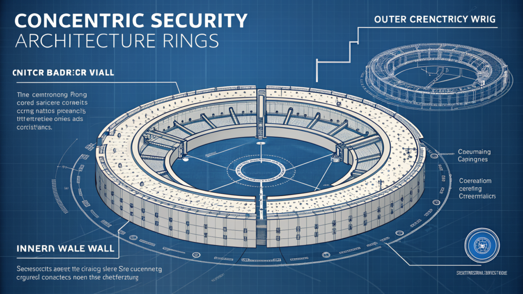 Concentric security architecture with one unmarked gap at the innermost layer — the perimeter held, the core accessible