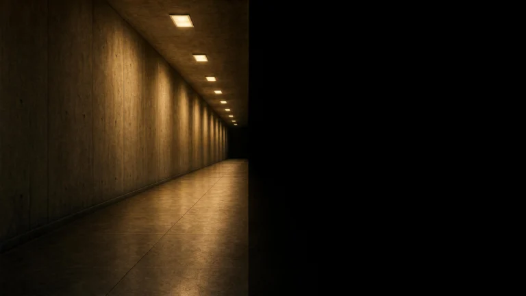 A lit concrete corridor that ends abruptly in absolute darkness, the ceiling lights stopping at the boundary
