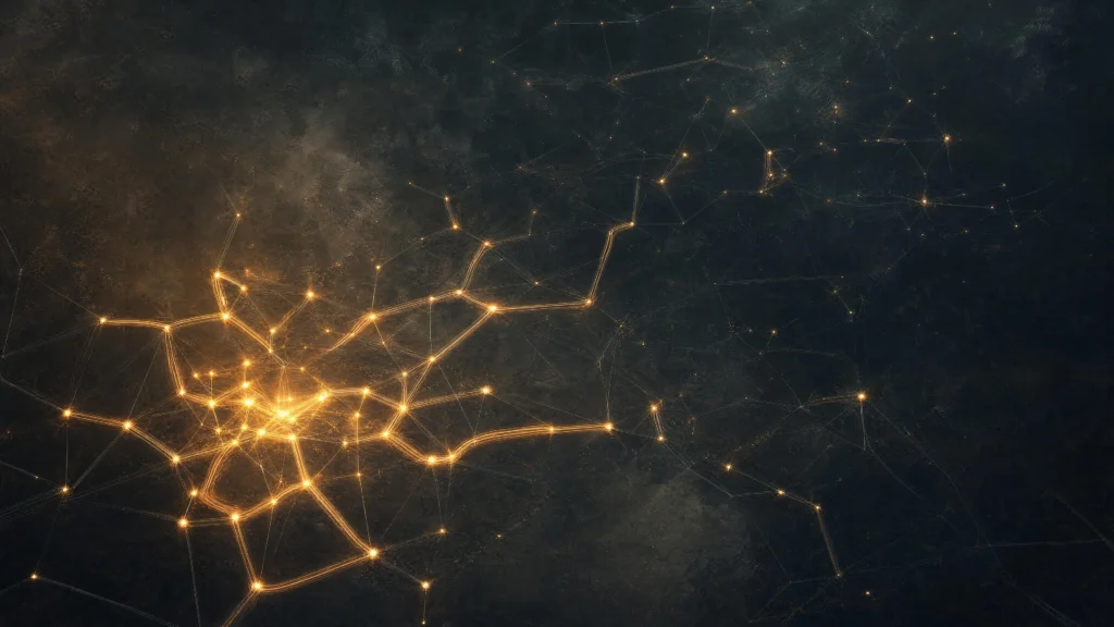 A dense cluster of glowing gold nodes and connecting lines on a dark ground, the network thinning as it spreads outward