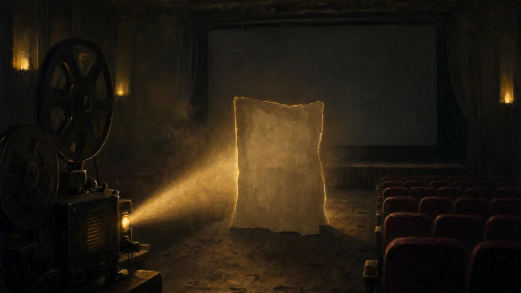 A vintage film projector casting its beam onto a rough stone slab standing where the cinema screen should be, rows of empty red seats around…