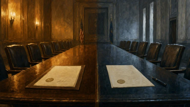 Two sealed documents on a long polished table in a wood-panelled government hearing room, empty leather chairs down both sides