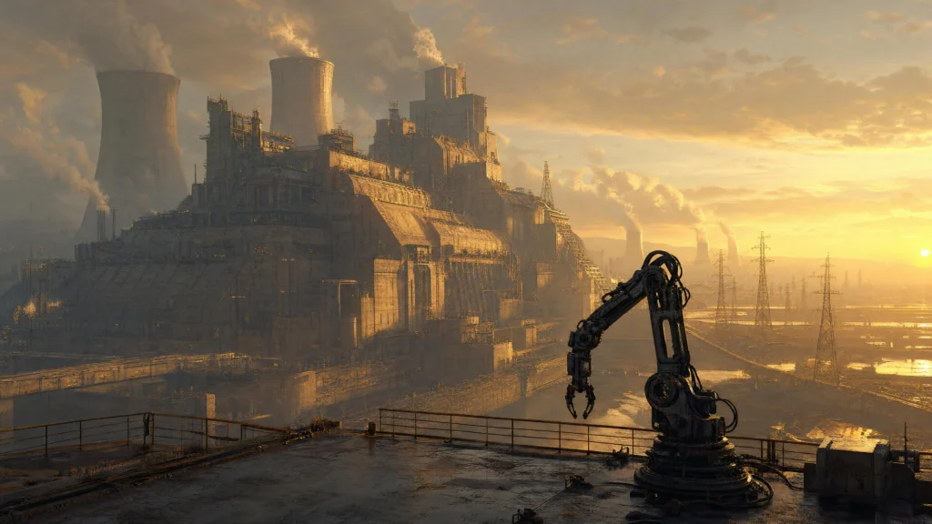 A monumental industrial complex of cooling towers and stone terraces at sunset, a large robotic arm reaching over water…