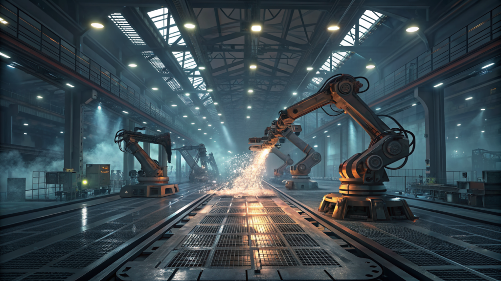 Robot arms on a factory floor — the end target for FRONTia's foundation models
