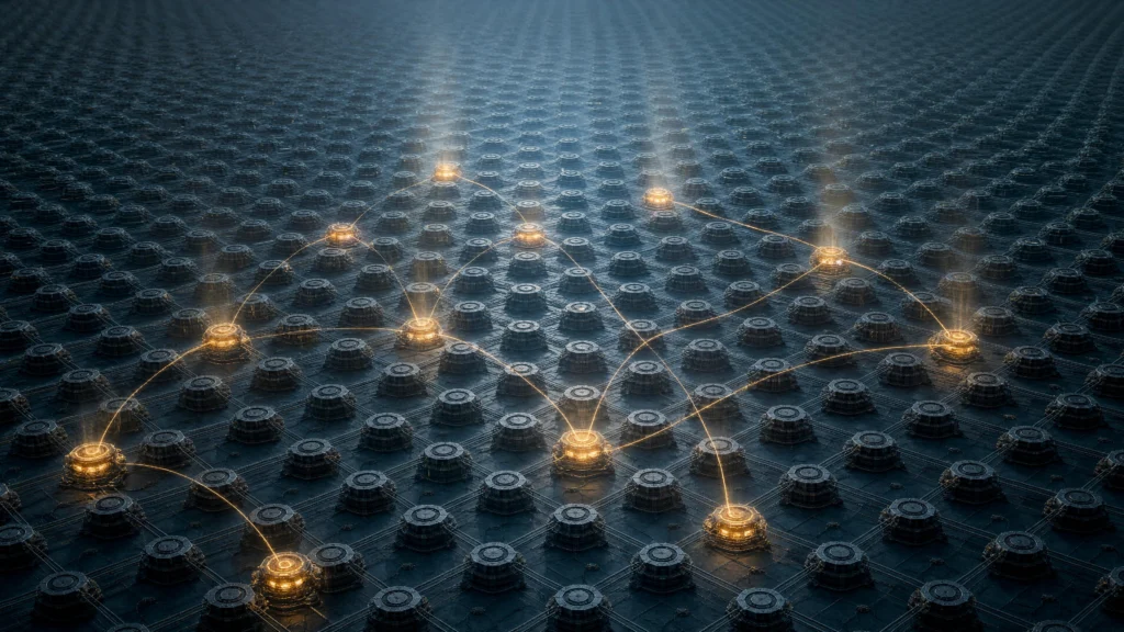 A dark field of hexagonally packed sockets, a handful of them lit gold and joined by thin glowing lines