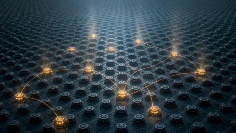 A dark field of hexagonally packed sockets, a handful of them lit gold and joined by thin glowing lines