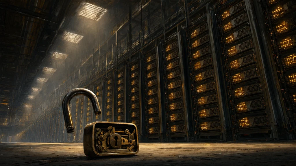 An oversized brass padlock lying open on the floor of a cavernous hall lined with towering racks of glowing equipment