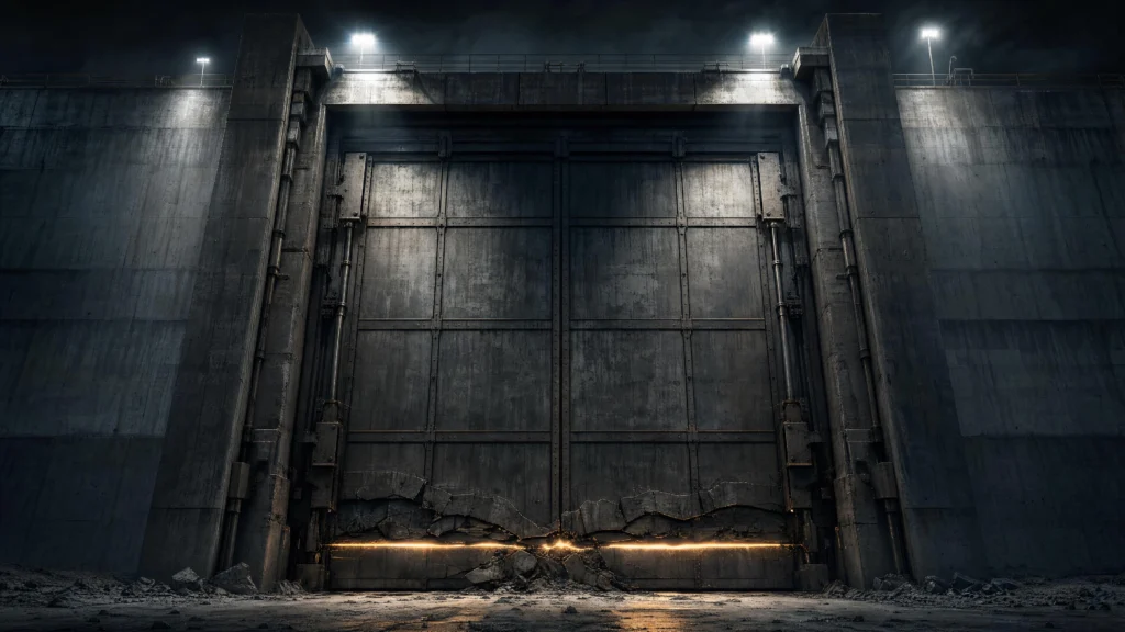 A massive riveted steel gate set into a concrete dam wall at night, a thin line of light escaping along its base