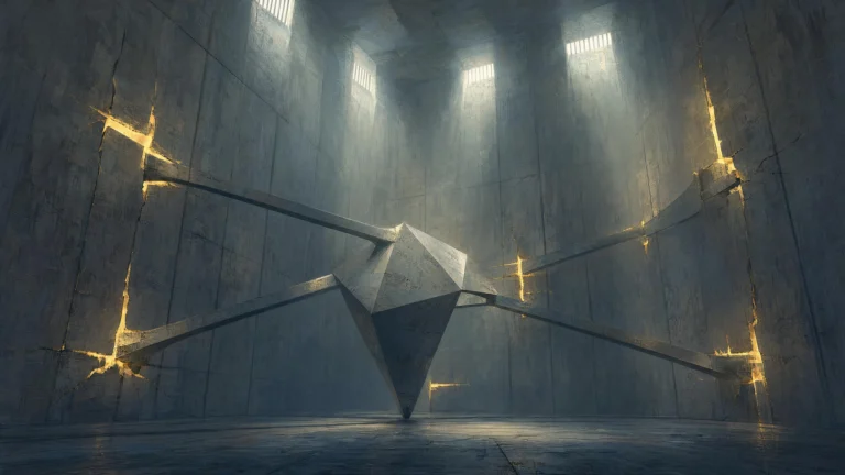 A dark faceted crystal at the centre of a bare concrete chamber, glowing yellow fracture lines radiating out and splitting the walls