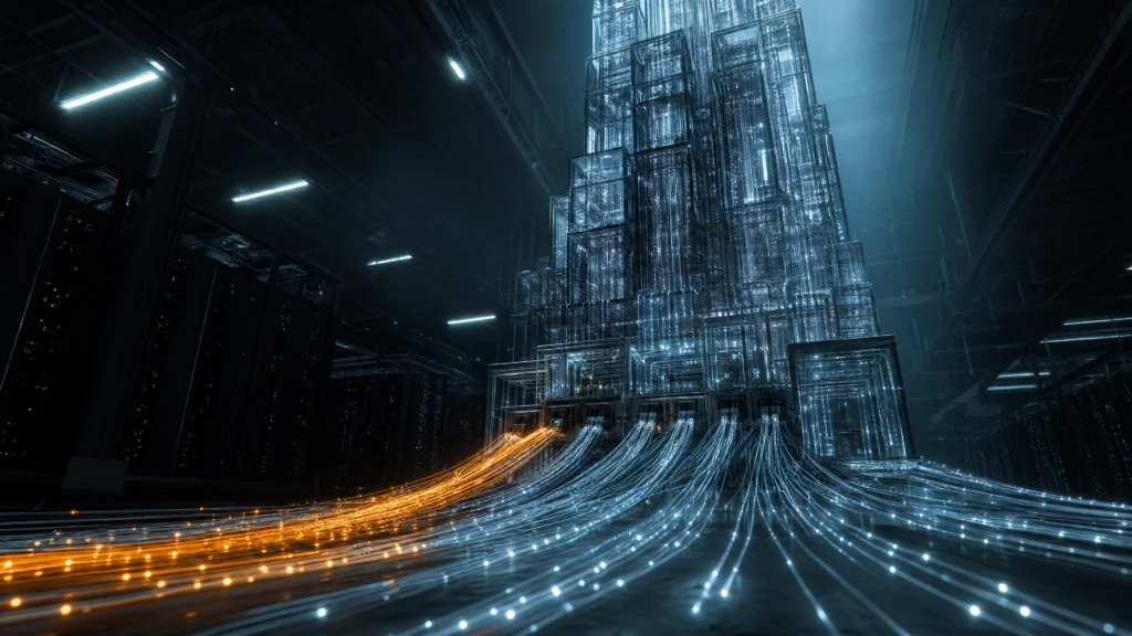 Streams of blue and amber light converging across a dark floor into a towering translucent glass structure