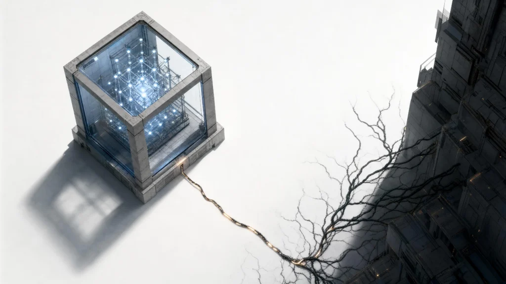 A small glass containment cube holding a cluster of blue lights, a thin filament escaping it and spreading as dark branching…