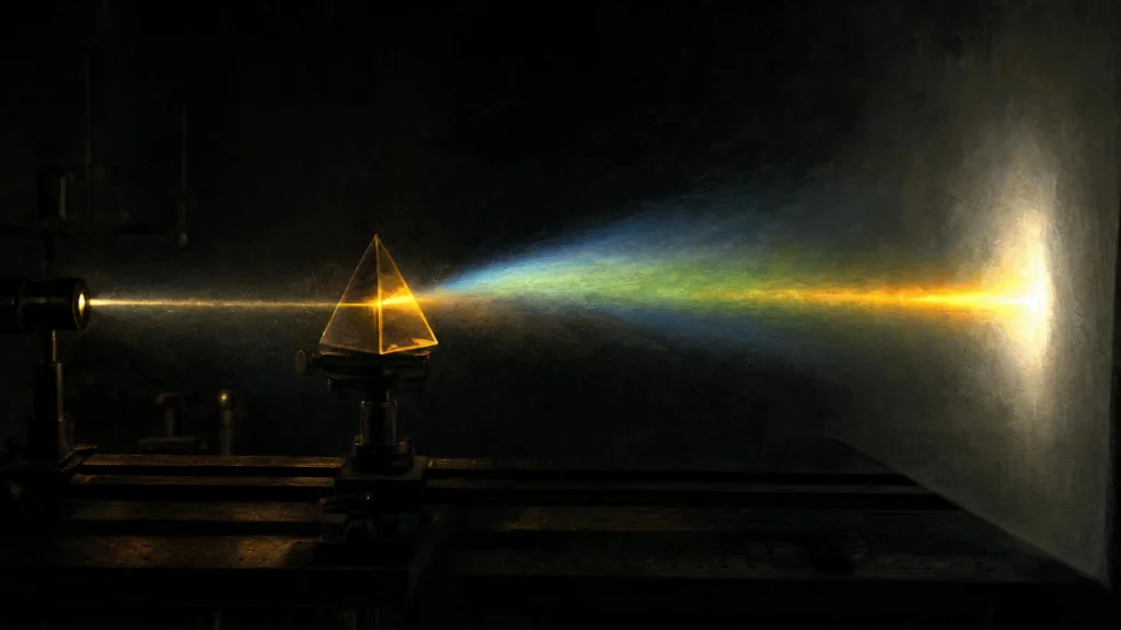 A glass prism on a laboratory mount splitting a narrow beam into a spread of colour cast across a dark wall