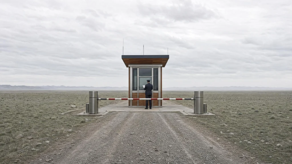 A lone uniformed guard at a striped barrier and checkpoint booth on an empty gravel road running through flat open…