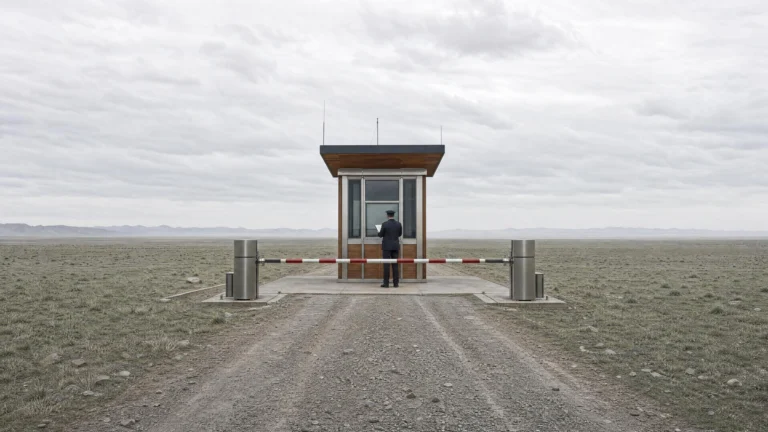 A lone uniformed guard at a striped barrier and checkpoint booth on an empty gravel road running through flat open scrubland