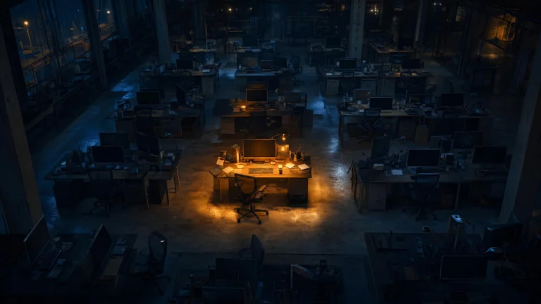 One warmly lit desk with a working monitor at the centre of a vast dark open-plan office of empty workstations, seen from above