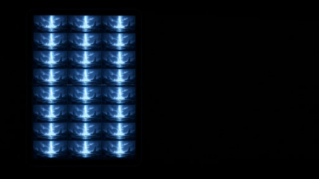 A grid of identical blue-lit screens stacked in a dark void, every one showing the same figure