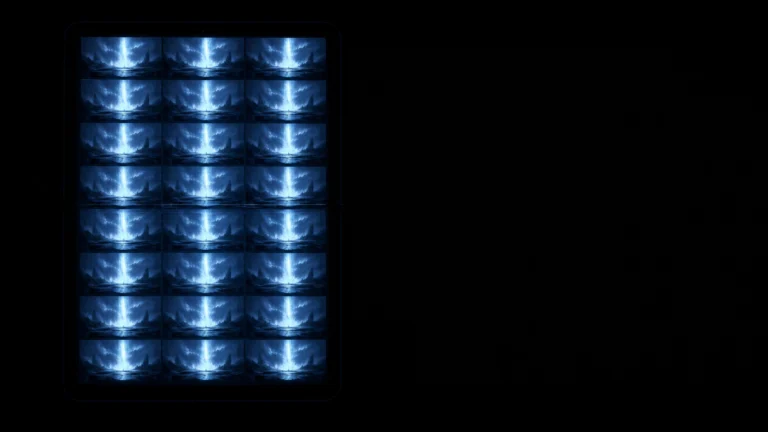 A grid of identical blue-lit screens stacked in a dark void, every one showing the same figure