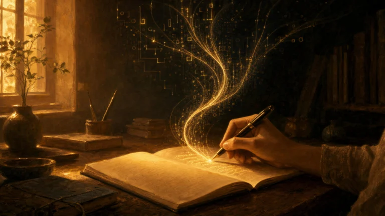 A hand writing in an open book by a sunlit window, the ink lifting off the page as a ribbon of light that breaks into digital squares