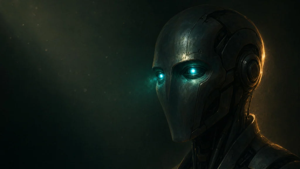 A worn metal android head against a dark background, lit warm from the right — the lower face a smooth unbroken plate with no mouth, the eyes glowing pale cyan.