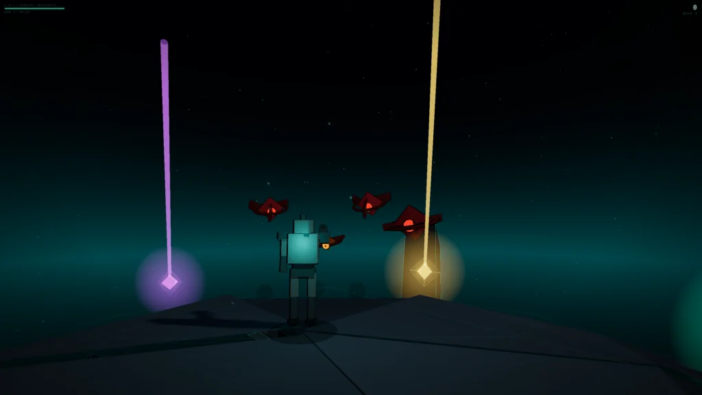 T-0 robot on a small dark planet facing three red drones, with violet and gold beacon pillars rising from pickups near the curved…