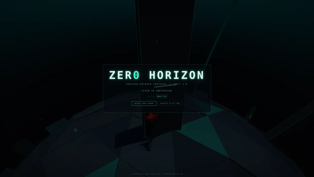 ZERO HORIZON title screen with callsign entry, QUICK JOIN SQUAD button, and a monolith rising behind the interface…