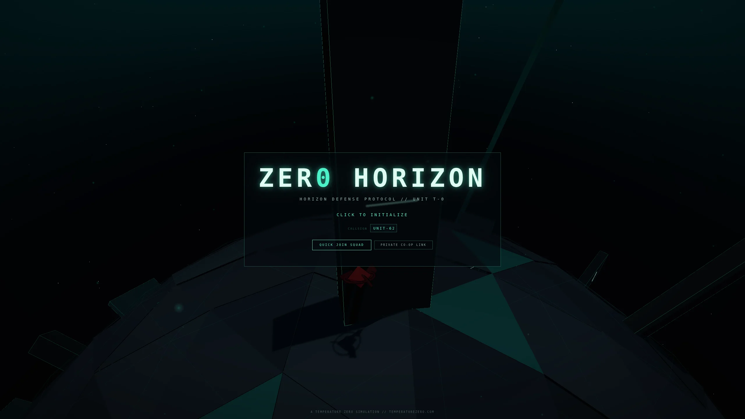 ZERO HORIZON title screen with callsign entry, QUICK JOIN SQUAD button, and a monolith rising behind the interface panel