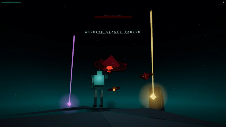 A screenshot from a low-poly co-op shooter: a small teal robot on a dark plain between two glowing beacon columns as red enemies close in