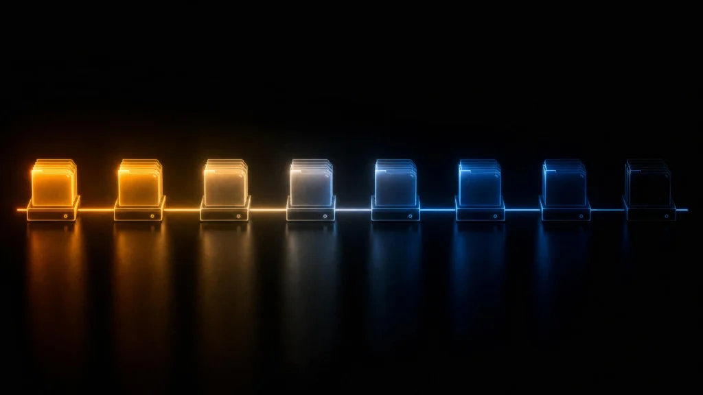 Eight glowing file-stack terminals on a reflective dark surface, connected by a single line that shifts from warm amber on the left to cold blue…