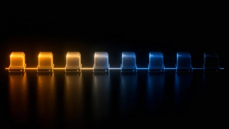 Eight glowing file-stack terminals on a reflective dark surface, connected by a single line that shifts from warm amber on the left to cold blue on the right