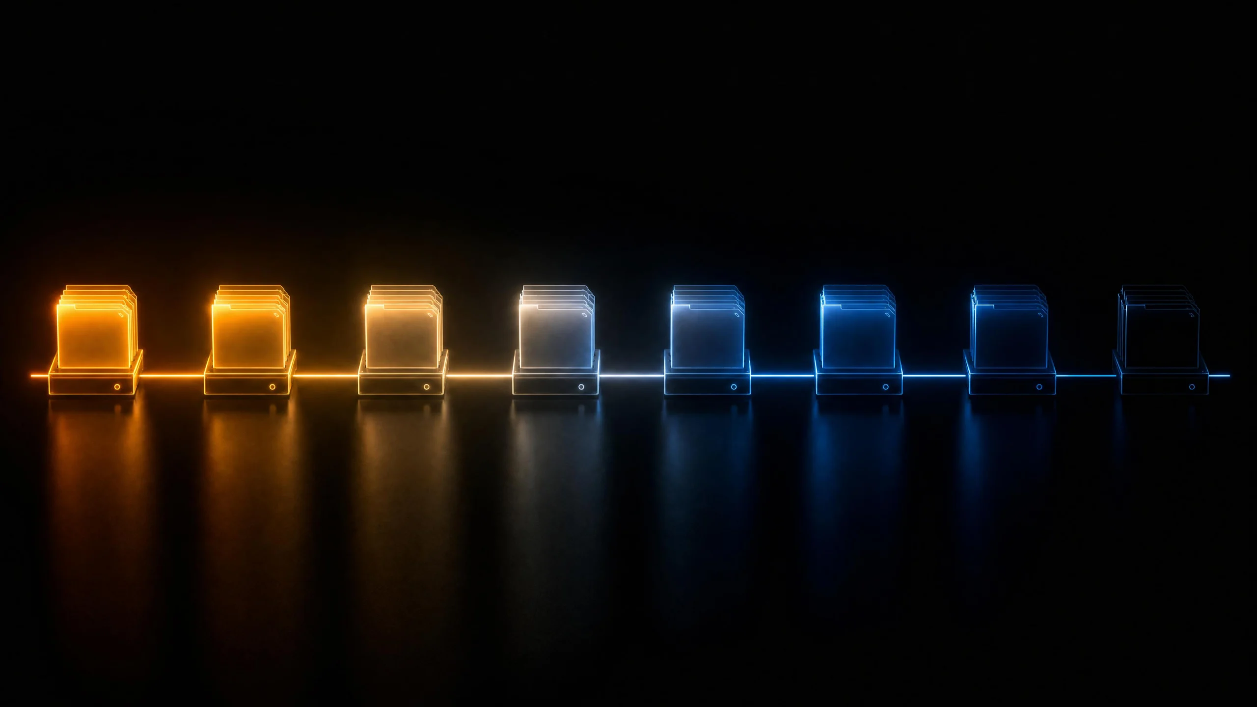 Eight glowing file-stack terminals on a reflective dark surface, connected by a single line that shifts from warm amber on the left to cold blue on the right