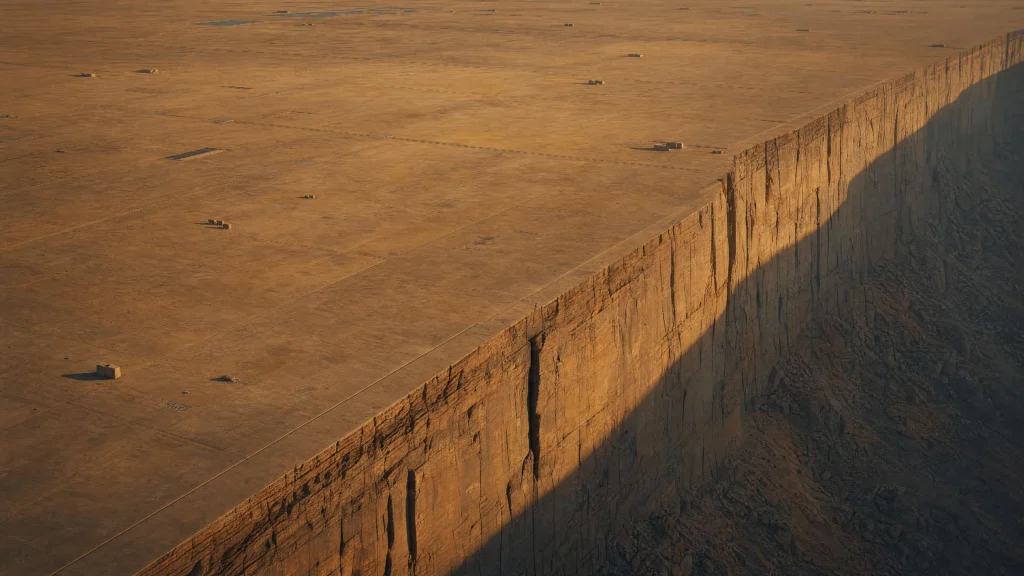 A vast plateau of cracked golden stone ending at a sheer cliff edge, the drop falling away into shadow