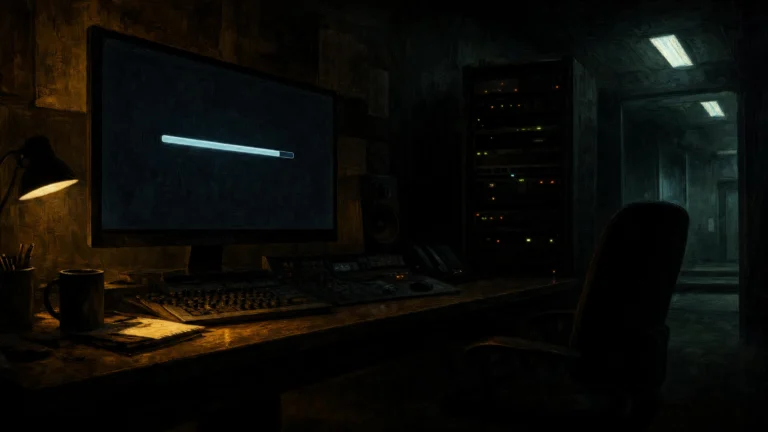 A darkened editing suite with desk lamp casting amber light on a mixing board, the monitor showing a frozen progress bar while a server rack glows behind