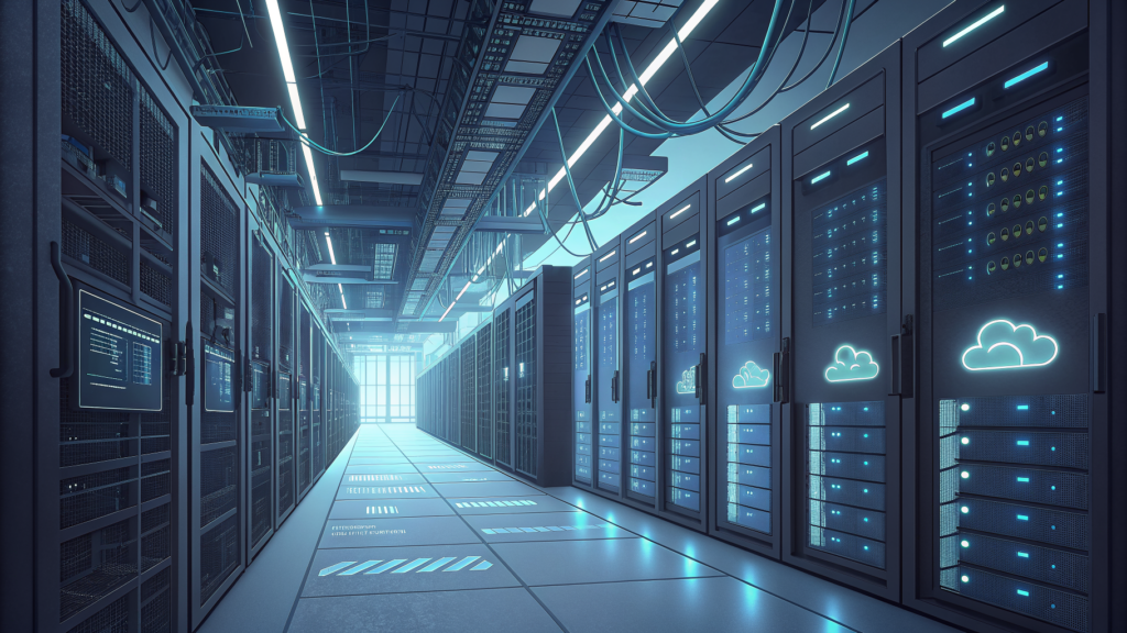 Server racks stretch into darkness, one long section depowered and silent amid still-active infrastructure