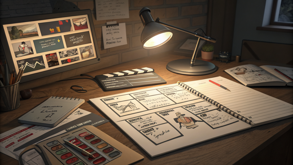 A production desk with scattered storyboards and a notebook of new workflow notes under a single lamp