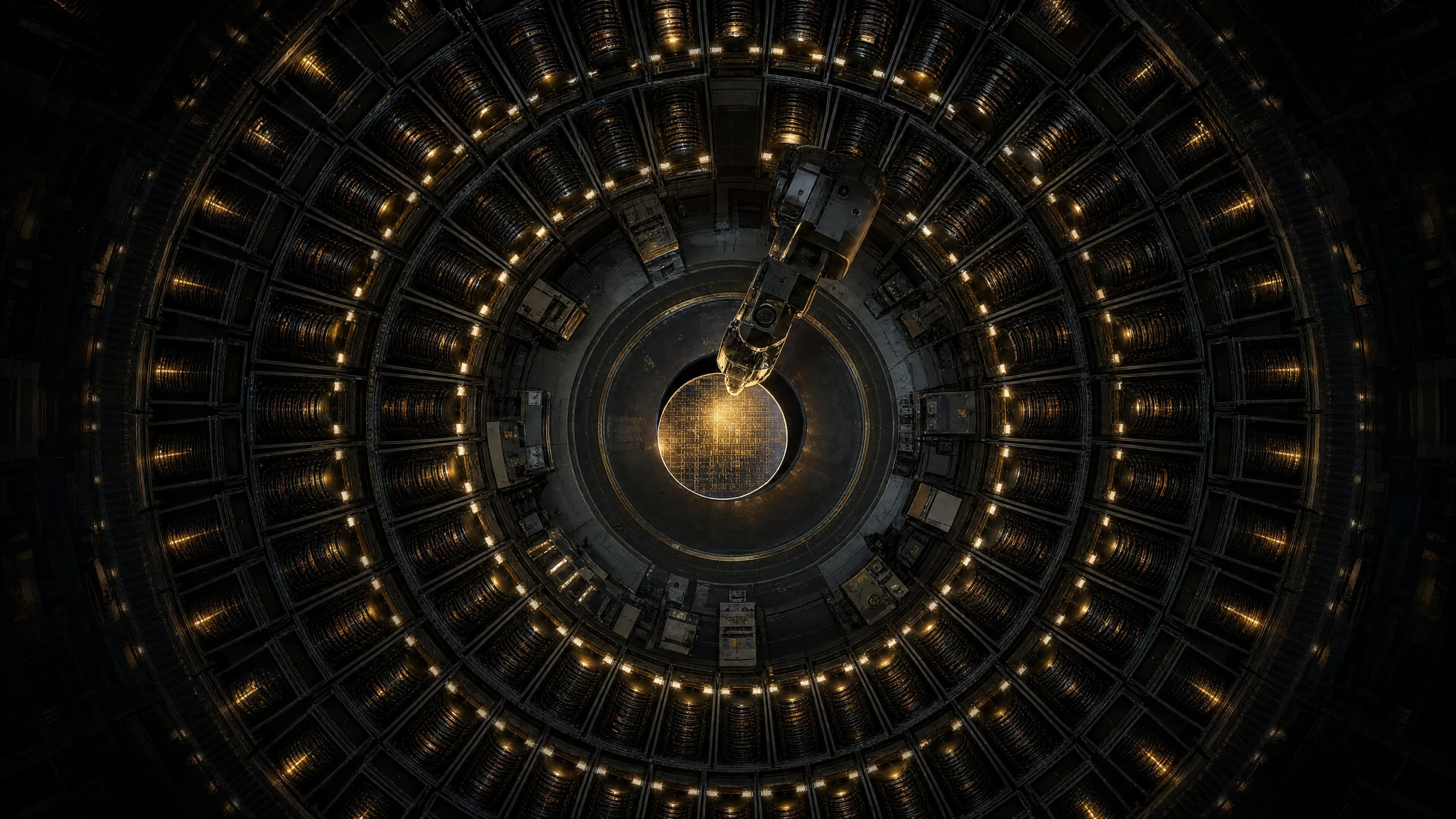 Overhead view of a circular industrial foundry with concentric rings of amber-lit storage racks, a robotic arm suspending a glowing silicon wafer at the center