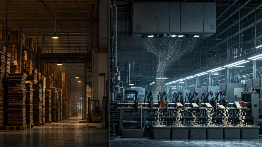 Warm amber book stacks fill a warehouse aisle; across from it, a mechanical line breaks open books, pages scattering, while glowing threads rise…